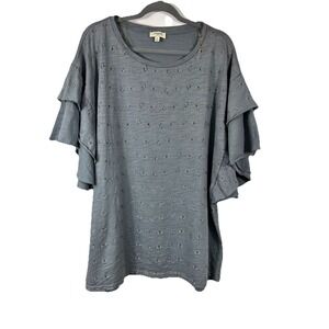 UMGEE Boho Eyelet Tunic Top M Dusty Blue Ruffle Flutter Sleeve Slub Knit Cottage